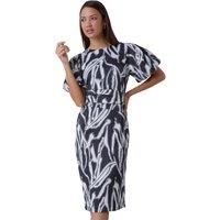 Roman Abstract Print Ruched Stretch Dress for Women UK - Ladies Autumn Everyday Winter Holiday Round Neckline Comfy Short Sleeve Soft Pleat Detail Frock Dinner Date Gowns - Black - Size 12