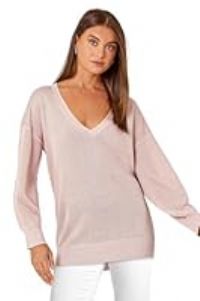 Roman Originals V-Neck Jumper for Women UK Ladies Boyfriend Fit Slouch Sweater Winter Autumn Textured Casual Flattering Knit Pullover Knitwear Daywear Lightweight Lounge - Plain Light Pink - Size 12