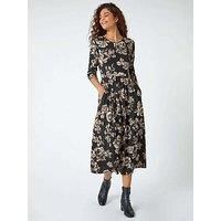 Roman Originals Midi Gathered Dress with Pockets for Women UK Ladies Stretchy Jersey Maxi Round Neck Elasticated High Waisted Boho Flattering Skater Swing Fit Flare - Black Taupe - Size 10