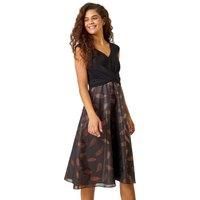 Roman Originals Metallic Feather Print Skater Dress for Women UK - Ladies Everyday Autumn Winter V-Neckline Comfy Soft Evening Vacation Work Party Night Out - Bronze - Size 18