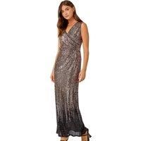 Roman Originals Sequin Twist Detail Maxi Dress for Women UK - Ladies Everyday Autumn Winter V-Neckline Comfy Soft Evening Vacation Work Party Night Out Stretch Wrap - Bronze - Size 18