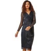 Roman Originals Shimmer Stripe Print Midi Wrap Dress for Women UK - Ladies Everyday Autumn Winter V-Neckline Comfy Soft Evening Vacation Work Party Night Out - Black - Size 18