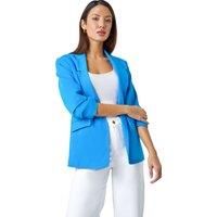 Roman Originals Ruched Sleeve Stretch Blazer for Women UK - Ladies Everyday Holiday Spring Summer Edge to Edge Opening Comfy Soft Evening Vacation Work Party - Blue - Size 14