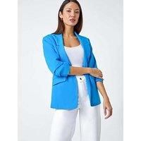 Roman Originals Ruched Sleeve Stretch Blazer for Women UK - Ladies Everyday Holiday Spring Summer Edge to Edge Opening Comfy Soft Evening Vacation Work Party - Blue - Size 20