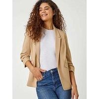 Roman Originals Ruched Sleeve Stretch Blazer for Women UK - Ladies Everyday Holiday Spring Summer Edge to Edge Opening Comfy Soft Evening Vacation Work Party - Natural - Size 20