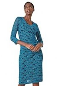 Roman Originals Glitter Lace Ruched Shift Stretch Dress for Women UK - Ladies Everyday Autumn Winter Round Neckline Comfy Soft Evening Vacation Work Party Night Out - Teal - Size 10