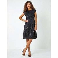 Roman Sequin Fluted Hem Lace Stretch Dress 10 female