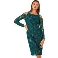 Roman Sequin Cold Shoulder Lace Midi Stretch Dress 12 female