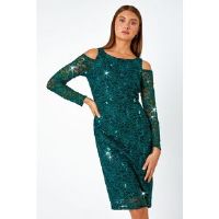 Roman Sequin Cold Shoulder Lace Midi Stretch Dress 16 female