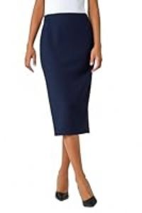 Roman Originals Textured Pencil Skirt for Women UK Ladies Jersey Work Office Smart Formal Bodycon Under The Knee Length Calf Length Midi Tight Fitted Straight Shift - Navy - Size 12