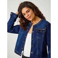 Roman Indigo Collarless Tape Stretch Denim Jacket - Size 14 14 female