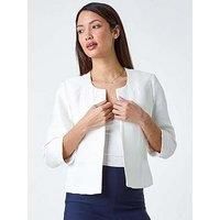 Roman Originals Cropped Bolero Jacket for Women UK Ladies Wedding Guests Shrug Jacquard Tailored Fitted Blazer Smart Work Formal Evening Short Round Collar 2 Pockets - Plain Ivory - Size 12