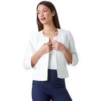 Roman Originals Cropped Bolero Jacket for Women UK Ladies Wedding Guests Shrug Jacquard Tailored Fitted Blazer Smart Work Formal Evening Short Round Collar 2 Pockets - Plain Ivory - Size 18