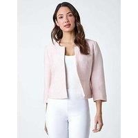 Roman Originals Cropped Bolero Jacket for Women UK Ladies Wedding Guests Shrug Jacquard Tailored Fitted Blazer Smart Work Formal Evening Short Round Collar 2 Pockets - Plain Light Pink - Size 14