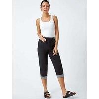 Roman Originals Cropped Stretch Trouser for Women UK - Ladies Capri Pants Summer Leggings 3/4 Three Quarter Pedal Pusher Elasticated Waist Cut Off Contrast Detail Pull On Work - Black - Size 16