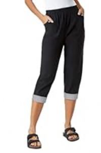 Roman Originals Cropped Stretch Trouser for Women UK - Ladies Capri Pants Summer Leggings 3/4 Three Quarter Pedal Pusher Elasticated Waist Cut Off Contrast Detail Pull On Work - Black - Size 20