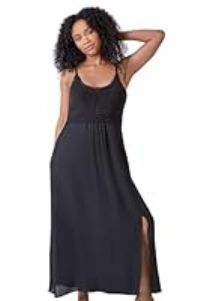 Roman Petite Crochet Bodice Cotton Maxi Dress for Women UK - Ladies Everyday Holiday Spring Summer Scoop Neckline Comfy Soft Evening Vacation Work Party - Black - Size 18