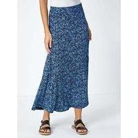 Roman Originals Jersey Skirt for Women UK - Ladies Midi Maxi Ditsy Floral Summer Spring Holiday Swing Shape Vacation Smart Casual Work Cocktail Party Going Out - Blue & Navy - Size 12