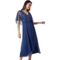 Roman Sequin Embellished Maxi Wrap Dress for Women UK - Ladies Autumn Everyday Winter Holiday V-Neckline Comfy Cape Sleeve Soft Bead Detail Frock Dinner Out Gowns - Navy - Size 12
