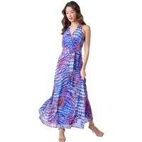 Roman Originals Floral Print Halterneck Maxi Dress for Women UK - Ladies Everyday Holiday Spring Summer V-Neckline Comfy Soft Evening Vacation Work Party - Blue Multi - Size 18