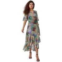Roman Originals Frill Dress for Women UK Ladies Summer Wrap Chiffon Frill Hem Layered Belted Midi Maxi Tiered Cape Special Occasion Fit & Flare Wedding Guest Swing Skater - White Multi - Size 10