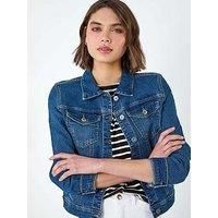Roman Originals Jean Denim Jacket for Women UK - Ladies 100% Cotton Summer Casual Stretch Crop Smart Utility Trucker Biker Fitted Vintage Wash Faded Classic Jeans Work - Deep Indigo - Size 14