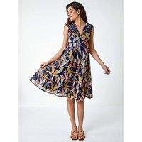 Roman Originals Cotton Tropical Lace Detail Tiered Dress for Women UK - Ladies Everyday Holiday Spring Summer V-Neckline Comfy Soft Evening Vacation Work Party - Navy - Size 20