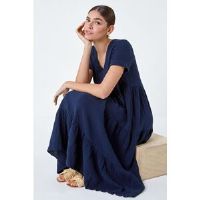 Roman Navy Cotton Textured Tiered Midi Dress - Size 12 12 female