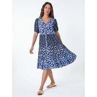 Roman Floral Cotton Blend Tiered Smock Dress 14 female