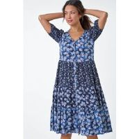 Roman Floral Cotton Blend Tiered Smock Dress 18 female