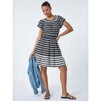 Roman Originals Zig Zag Border Print Shirred Dress for Women UK - Ladies Everyday Holiday Spring Summer Round Neckline Comfy Soft Evening Vacation Work Party - Black - Size 14