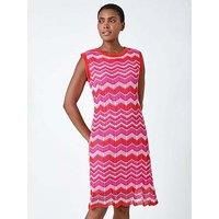 Roman Zig Zag Print Knitted Shift Dress for Women UK - Ladies Spring Everyday Summer Holiday Round Neckline Comfy Sleeveless Soft Knee Length Frock Beach Vacation Gowns - Pink - Size 12