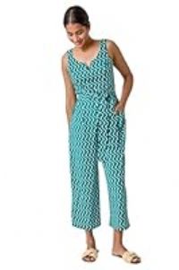 Roman Originals Belted Wave Print Cropped Jumpsuit for Women UK - Ladies Everyday Holiday Spring Summer Round Notch Neckline Comfy Soft Evening Vacation Work Party - Forest - Size 18