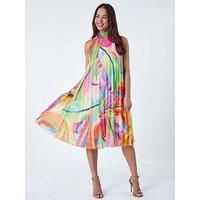 Roman Petite Tropical Halter Neck Pleated Dress - Orange