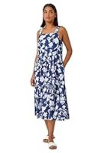 Roman Originals Sleeveless Cotton Floral Midi Dress for Women UK - Ladies Everyday Holiday Spring Summer Square Neckline Comfy Soft Evening Vacation Work Party - Navy - Size 10
