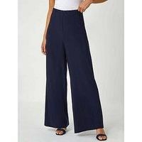 Roman Originals Wide Leg Trousers for Women UK Ladies Palazzo Pants Evening Jersey Elasticated High Waist Smart Flared Culotte Office Work Going Out Loose Crepe Bottoms - Petite Navy - Size 10