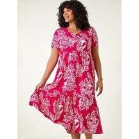 Roman Curve Floral Print Tiered Midi Dress 30-32 female