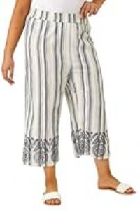 Roman Curve Cropped Broderie Trousers for Women UK - Ladies Everyday Holiday Spring Summer Comfy Soft Evening Vacation Work Party - Black Plus - Size 22