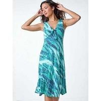 Roman Burnout Abstract Knot Front Stretch Dress for Women UK - Ladies Spring Everyday Summer Holiday V-Neckline Comfy Sleeveless Soft Knee Length Frock Fit & Flare Gowns - Green - Size 12