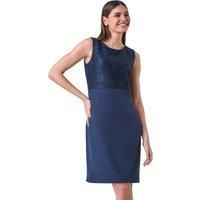 Roman Originals Lace Bodice Shift Dress for Women UK - Ladies Everyday Holiday Spring Summer Round Neckline Comfy Soft Evening Vacation Work Party - Navy - Size 12