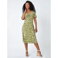 Roman Petite Khaki Animal Stretch Gathered Midi Dress - Size 10 10 female