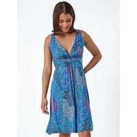 Roman Abstract Floral Stretch Jersey Dress for Women UK - Ladies Spring Everyday Summer Holiday V-Neckline Comfy Sleeveless Soft Knee Length Frock Fit & Flare Gowns - Blue - Size 20