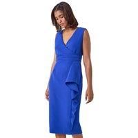 Roman Originals Wrap Draped Crepe Stretch Dress for Women UK - Ladies Everyday Holiday Spring Summer V-Neckline Comfy Soft Evening Vacation Work Party - Royal Blue - Size 10