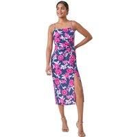 Roman Originals Floral Linen Look Ruched Midi Dress for Women UK - Ladies Everyday Holiday Spring Summer Comfy Soft Evening Vacation Work Party - Pink - Size 10