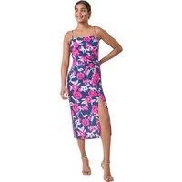 Roman Originals Floral Linen Look Ruched Midi Dress for Women UK - Ladies Everyday Holiday Spring Summer Comfy Soft Evening Vacation Work Party - Pink - Size 18