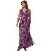 Roman Originals Maxi Dress for Women UK Ladies Twist Knot Front Floral Summer Party Casual Holiday Bohemian Boho Beach Evening Long Floor Length Sleeveless V Neck - Purple Multi - Size 10