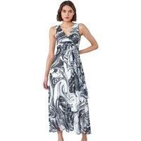 Roman Originals Maxi Dress for Women UK Ladies Twist Knot Front Floral Summer Party Casual Holiday Bohemian Boho Beach Evening Long Floor Length Sleeveless V Neck - Noir & Ivory - Size 12