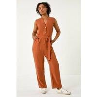 Roman Petite Button Detail Pocket Jumpsuit for Women UK - Ladies Everyday Holiday Spring Summer V-Neckline Comfy Soft Evening Vacation Work Party - Petite Brown - Size 18