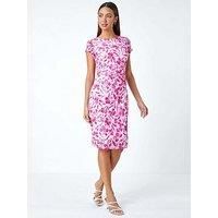 Roman Originals Ruched Waist Lace Dress for Women - Ladies Stretch Floral Print Spring Everyday Summer Holiday Comfy Short Sleeve Soft Side Pleating Frock Essential Gown - Ivory & Pink - Size 18