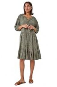 Roman Originals Women Broderie Tiered Smock Dress - Ladies Spring Holiday Summer Casual V-Neckline Short Sleeve Relaxed Lined Comfy Dresses Cotton Frill - Khaki - Size 18